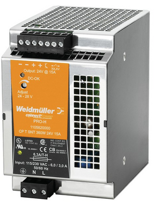 DIN Rail Power Supply, 88%, 24V, 15A, 360W, Adjustable